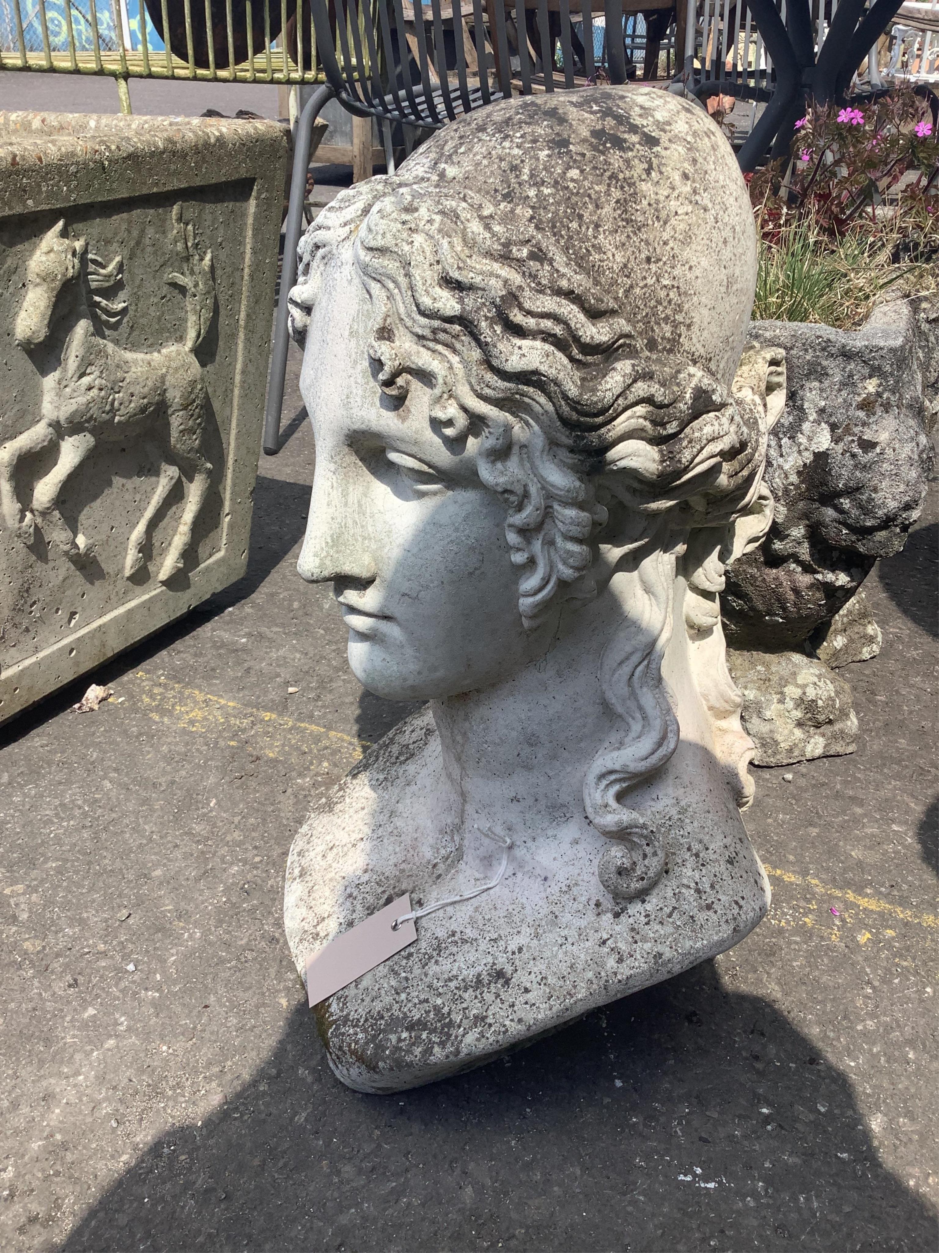 A reconstituted stone classical female bust garden ornament, height 50cm